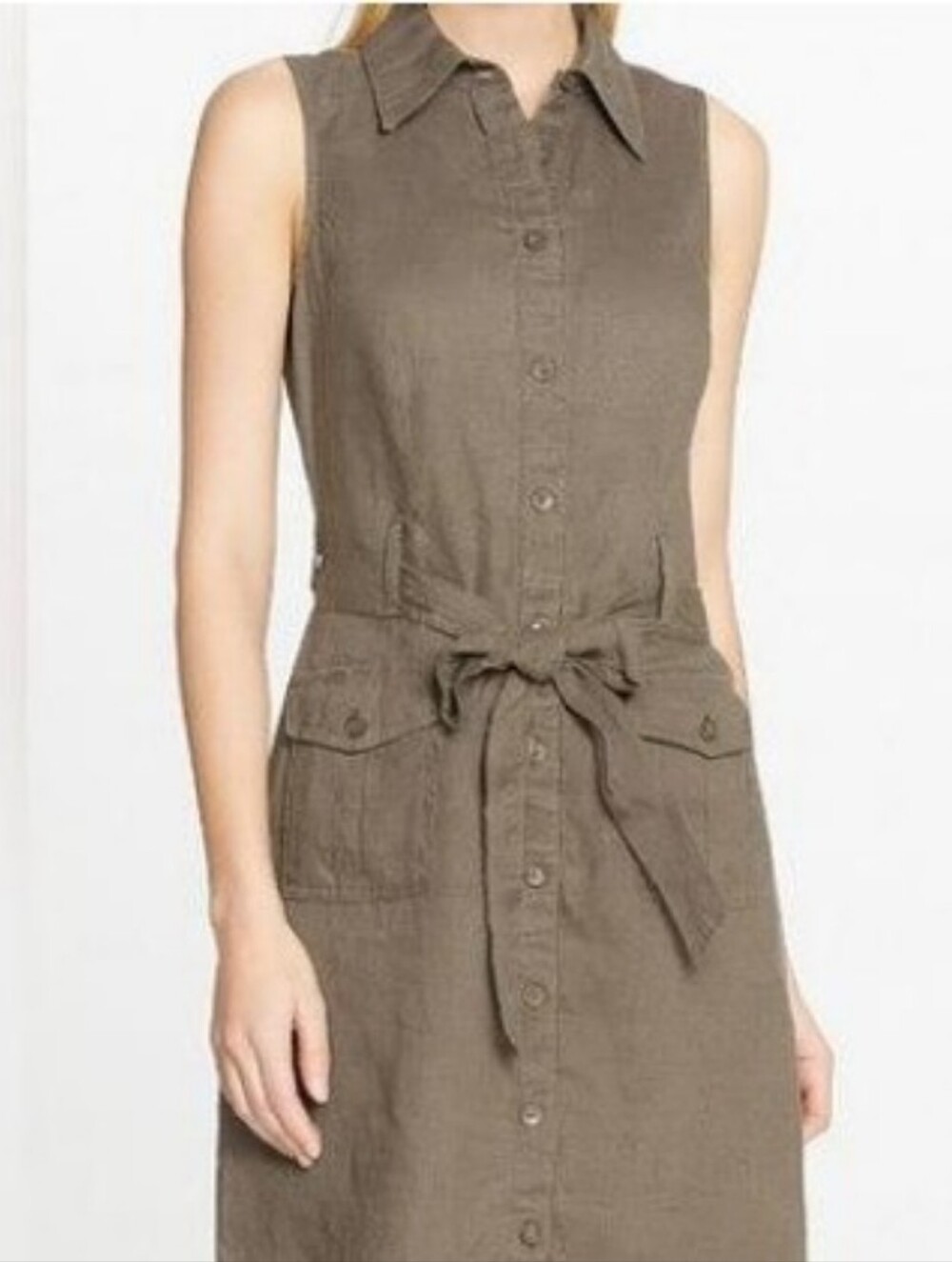 Willi Smith Brown Linen Shirt Dress 10 Sleeveless Belted Coastal Grandma Safari